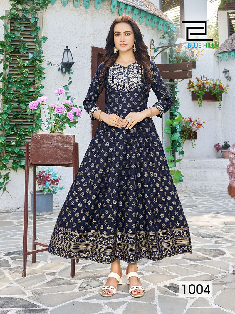 Blue Hills Walkway Remix Vol 1 Rayon Printed Fancy Long Gown Style Kurtis