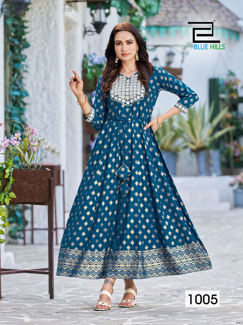Blue Hills Walkway Remix Vol 1 Rayon Printed Fancy Long Gown Style Kurtis