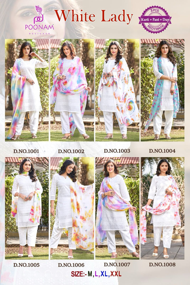Poonam Designer White Lady Cotton Kurti And Pant With Printed Dupatta