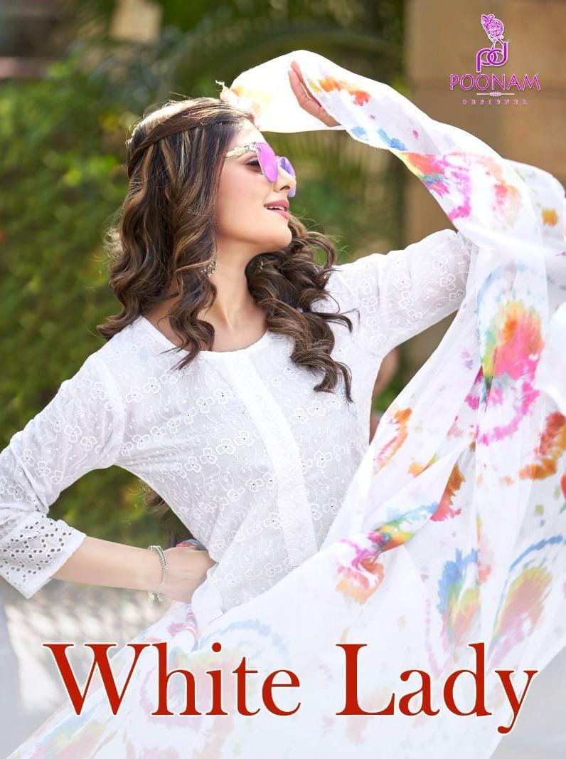 Poonam Designer White Lady Cotton Kurti And Pant With Printed Dupatta