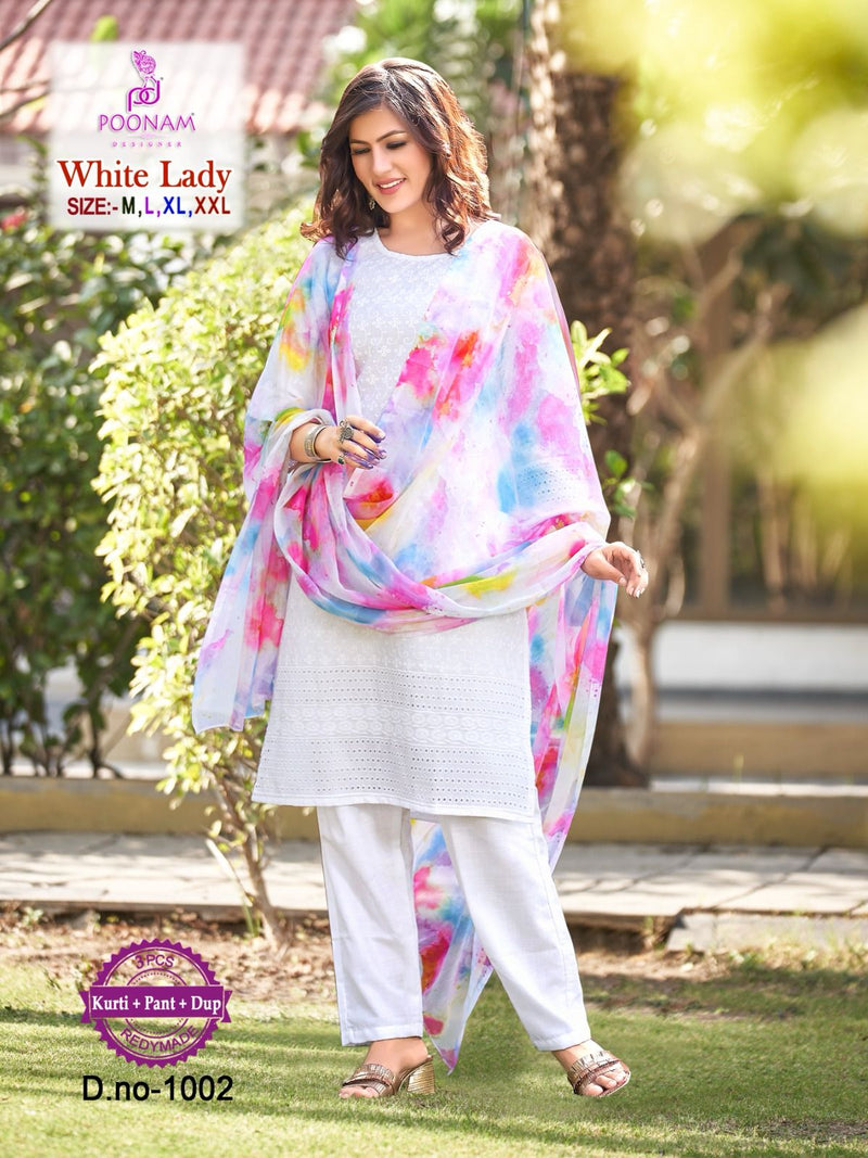 Poonam Designer White Lady Cotton Kurti And Pant With Printed Dupatta