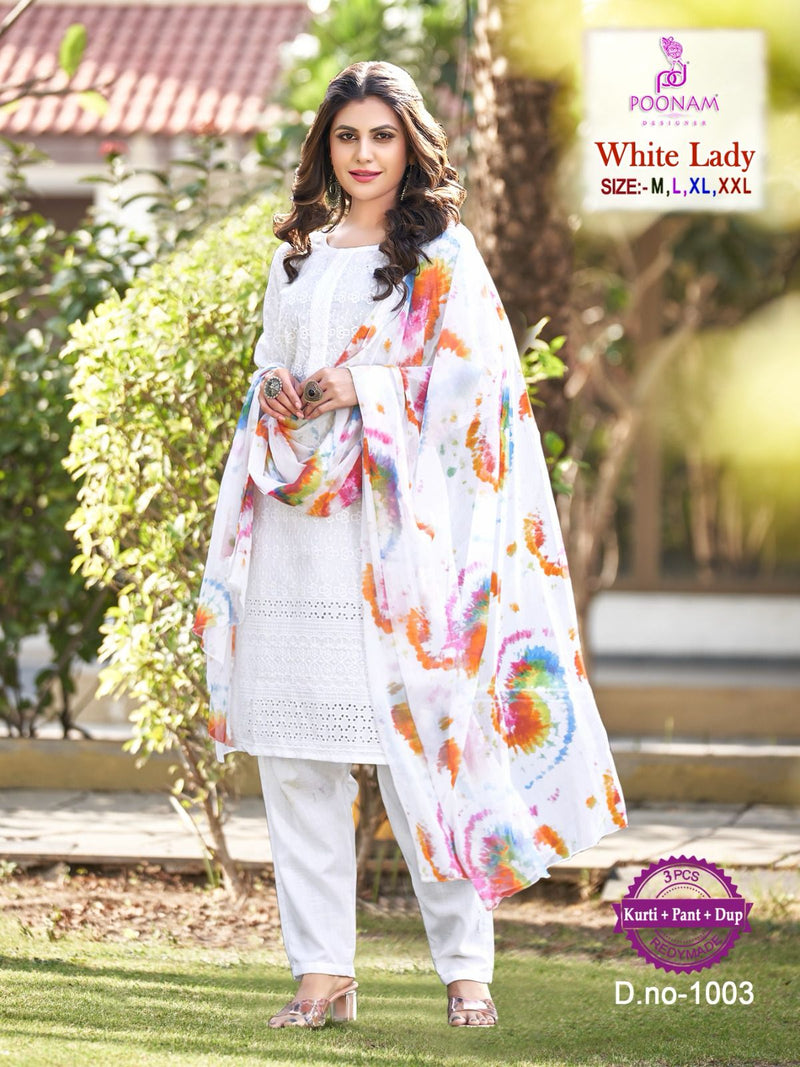 Poonam Designer White Lady Cotton Kurti And Pant With Printed Dupatta