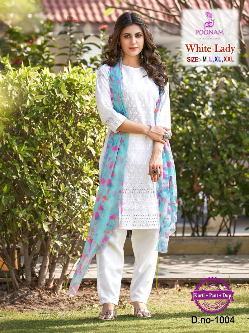 Poonam Designer White Lady Cotton Kurti And Pant With Printed Dupatta