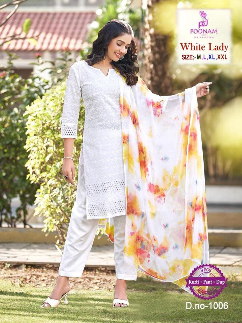 Poonam Designer White Lady Cotton Kurti And Pant With Printed Dupatta