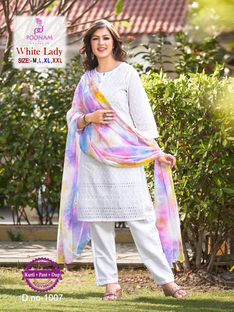 Poonam Designer White Lady Cotton Kurti And Pant With Printed Dupatta