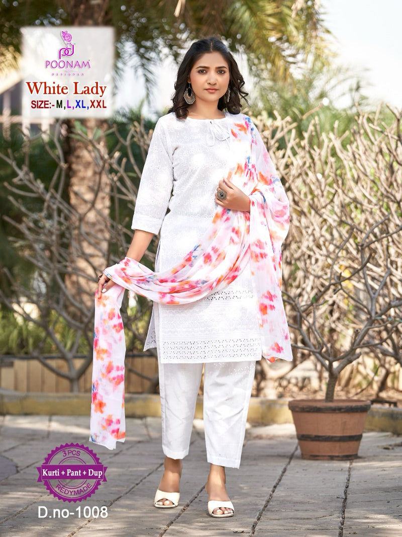 Poonam Designer White Lady Cotton Kurti And Pant With Printed Dupatta