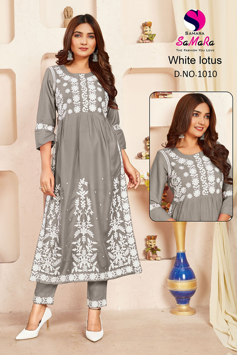 Samara White Lotus Rayon Fancy Lucknowi Designer Nayra Style Kurti Collection