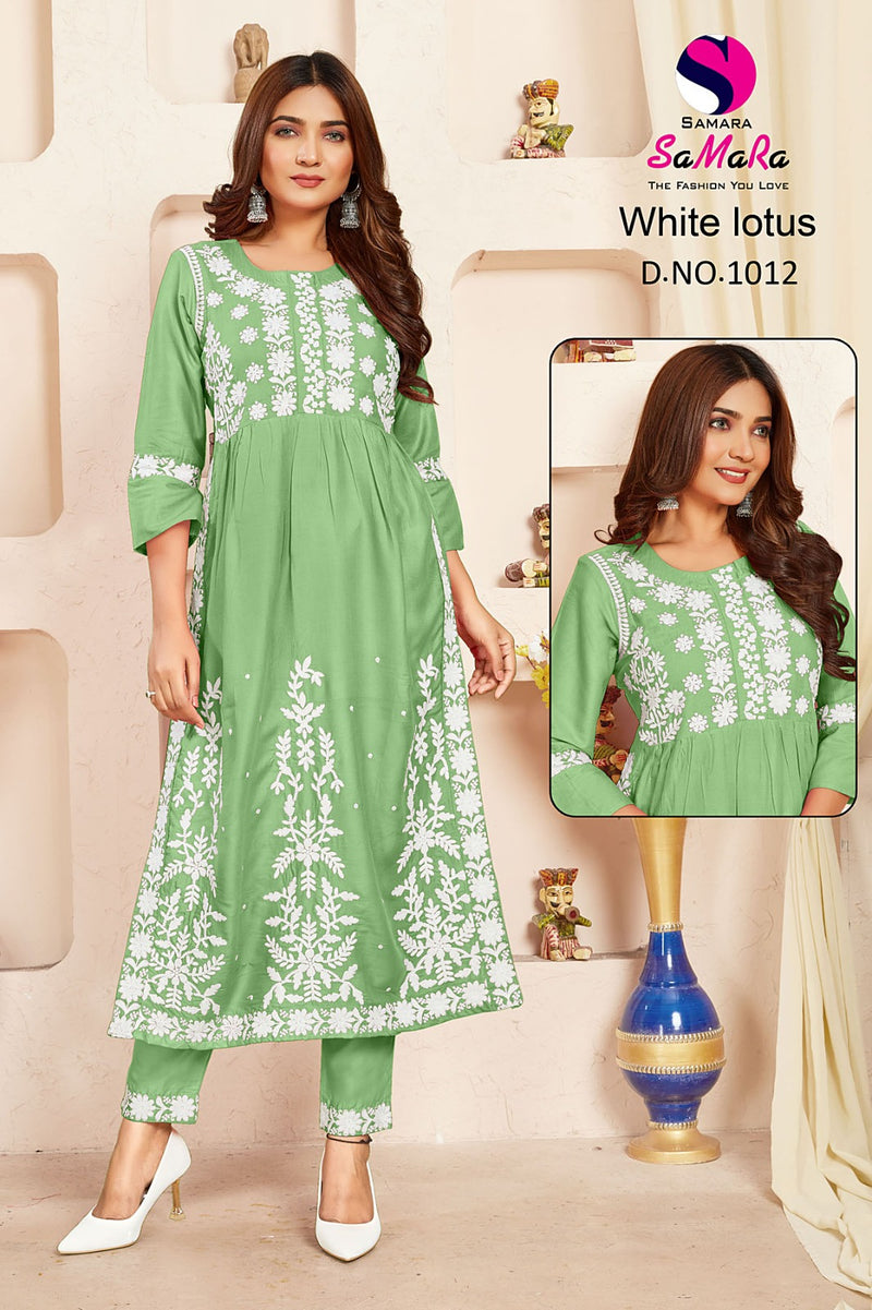 Samara White Lotus Rayon Fancy Lucknowi Designer Nayra Style Kurti Collection