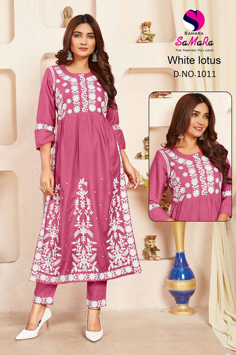 Samara White Lotus Rayon Fancy Lucknowi Designer Nayra Style Kurti Collection