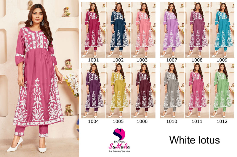 Samara White Lotus Rayon Fancy Lucknowi Designer Nayra Style Kurti Collection