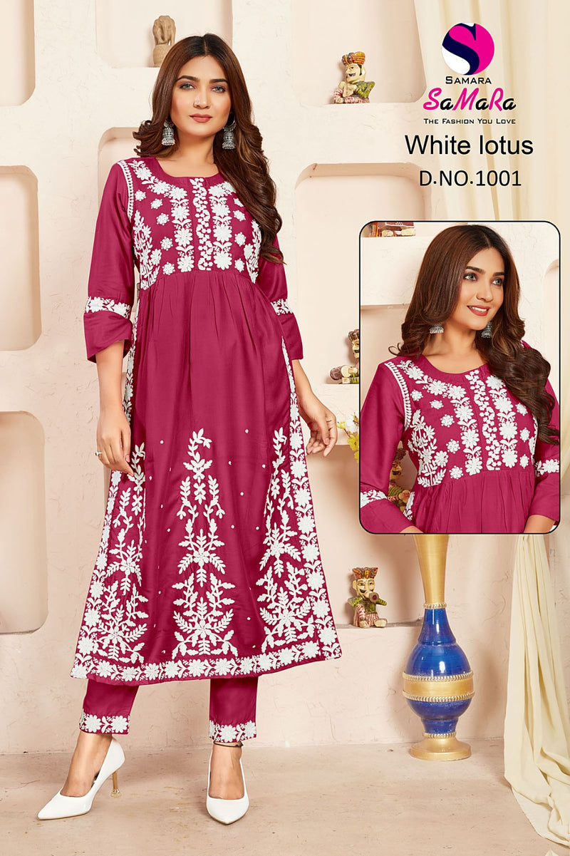 Samara White Lotus Rayon Fancy Lucknowi Designer Nayra Style Kurti Collection