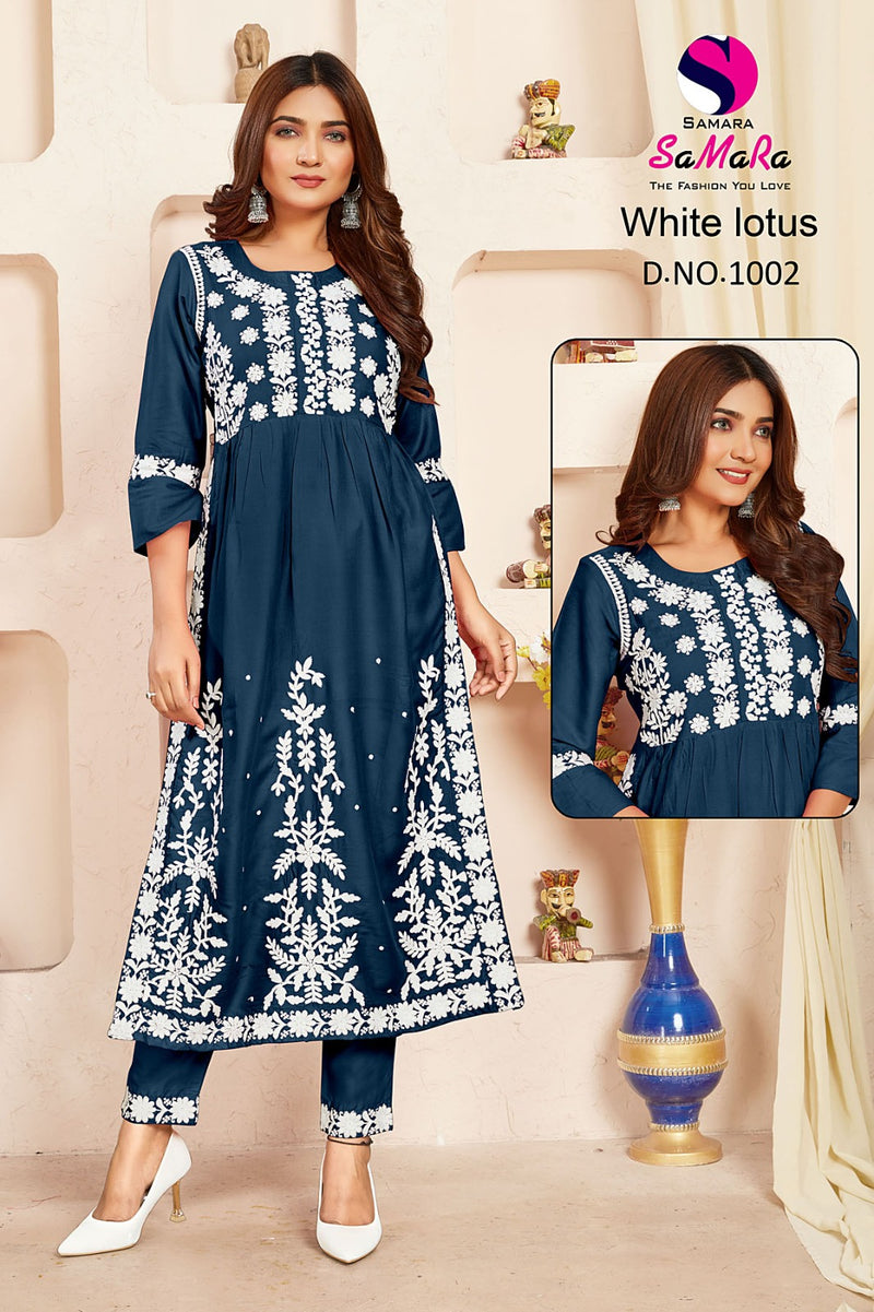 Samara White Lotus Rayon Fancy Lucknowi Designer Nayra Style Kurti Collection