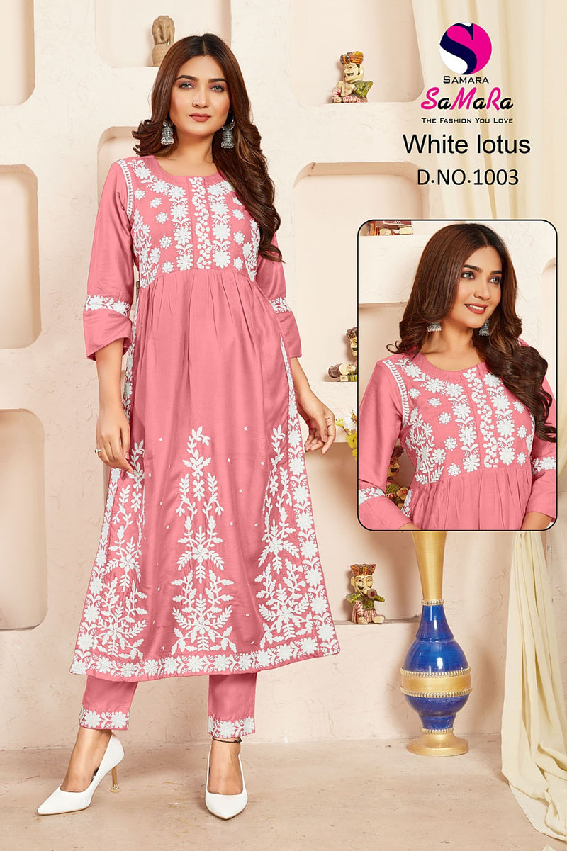 Samara White Lotus Rayon Fancy Lucknowi Designer Nayra Style Kurti Collection