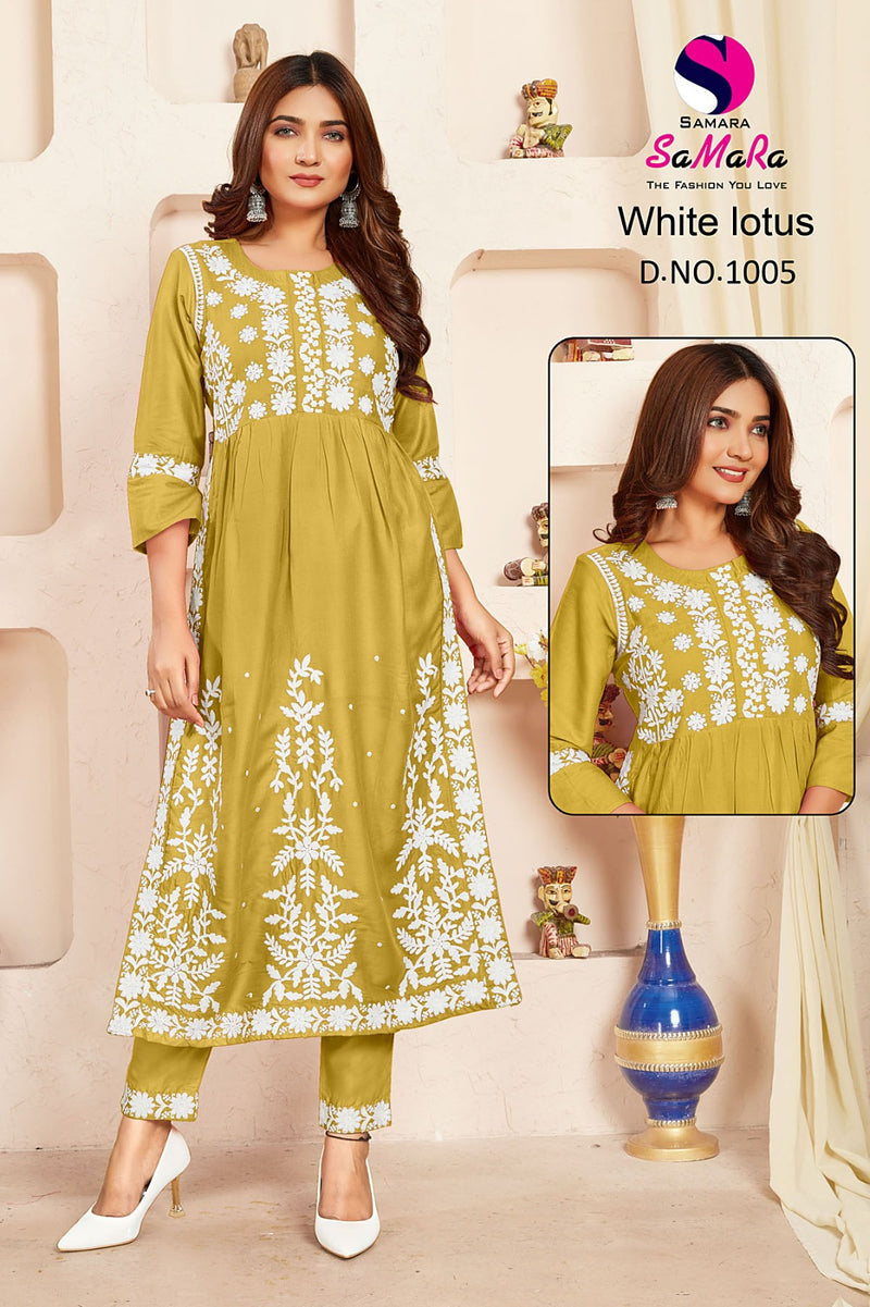 Samara White Lotus Rayon Fancy Lucknowi Designer Nayra Style Kurti Collection