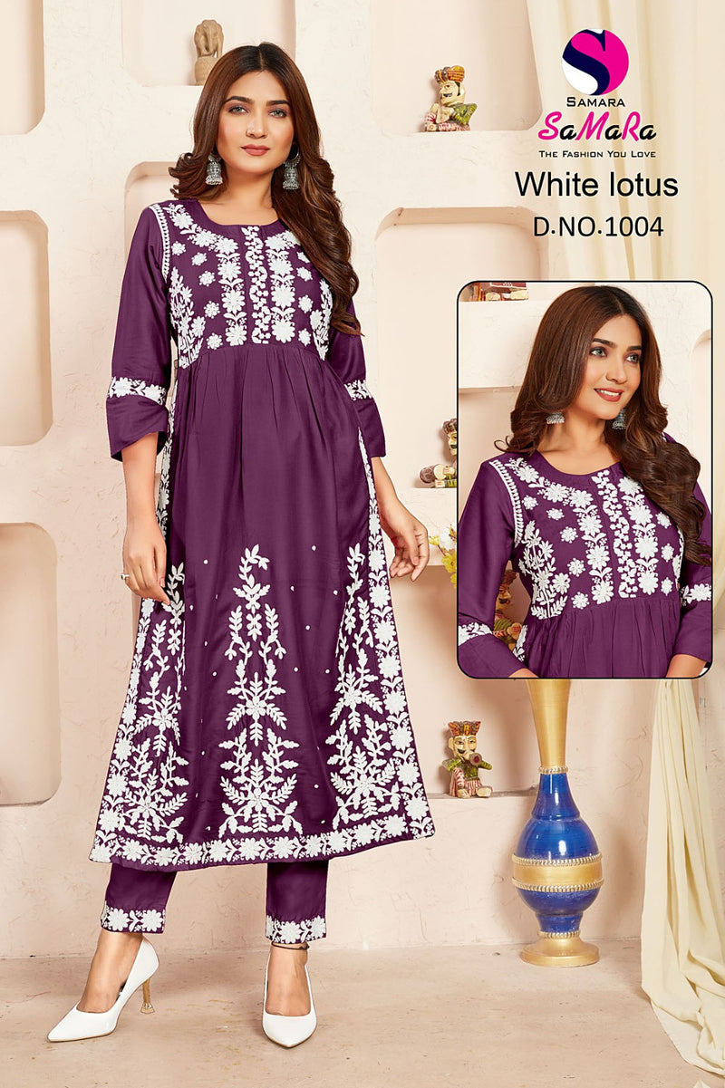 Samara White Lotus Rayon Fancy Lucknowi Designer Nayra Style Kurti Collection