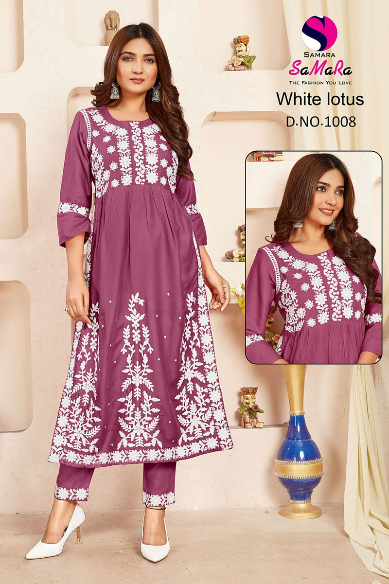 Samara White Lotus Rayon Fancy Lucknowi Designer Nayra Style Kurti Collection