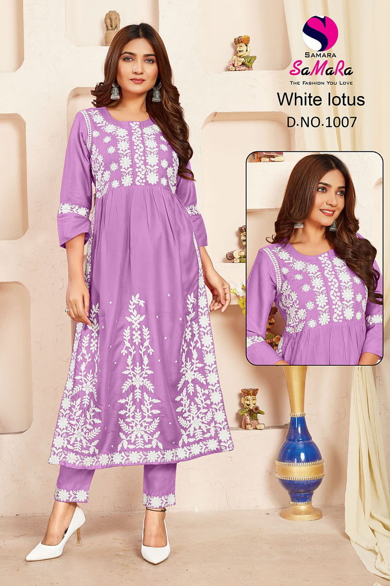 Samara White Lotus Rayon Fancy Lucknowi Designer Nayra Style Kurti Collection