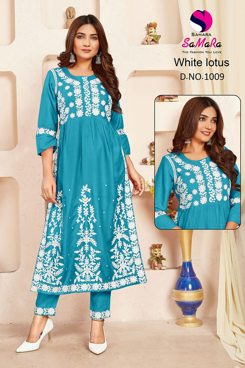 Samara White Lotus Rayon Fancy Lucknowi Designer Nayra Style Kurti Collection