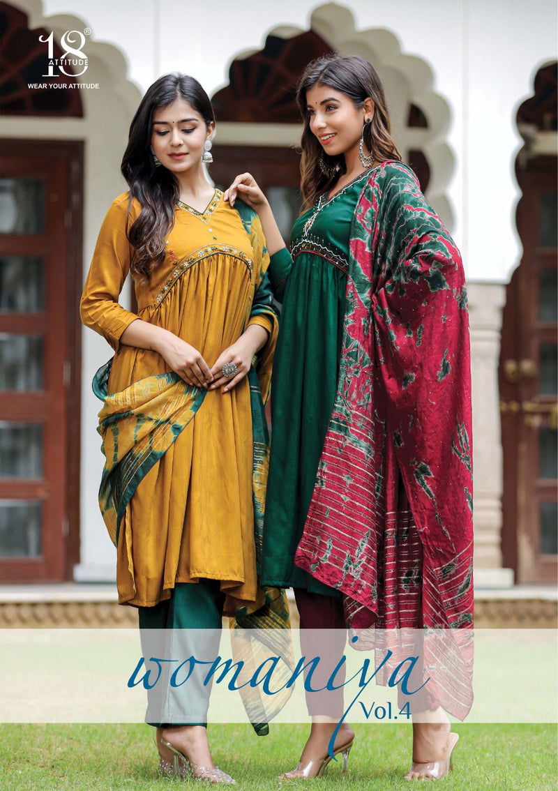 18 Attitude Womaniya Vol 4 Chinon Fancy Designer Alia Cut Pattern Kurti Pant With Duppata Set