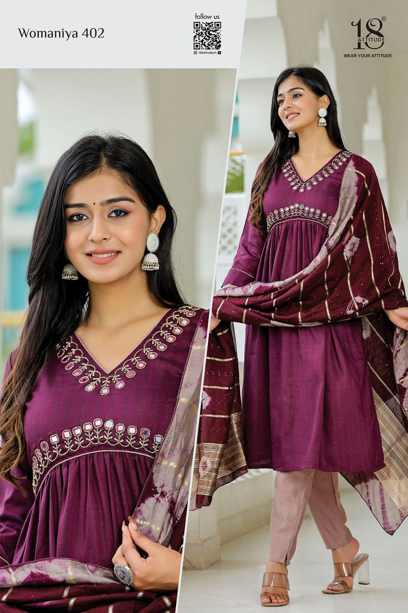 18 Attitude Womaniya Vol 4 Chinon Fancy Designer Alia Cut Pattern Kurti Pant With Duppata Set