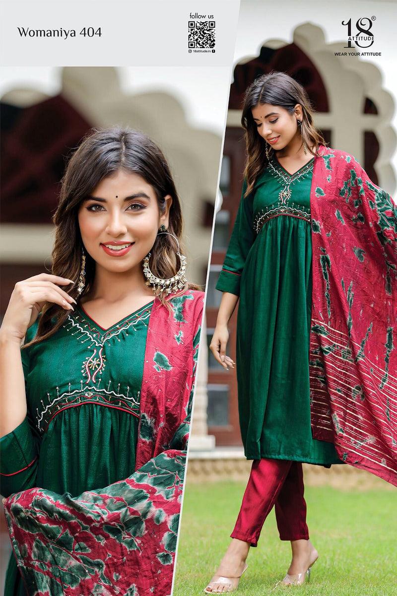 18 Attitude Womaniya Vol 4 Chinon Fancy Designer Alia Cut Pattern Kurti Pant With Duppata Set
