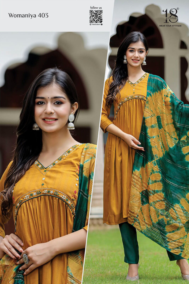18 Attitude Womaniya Vol 4 Chinon Fancy Designer Alia Cut Pattern Kurti Pant With Duppata Set