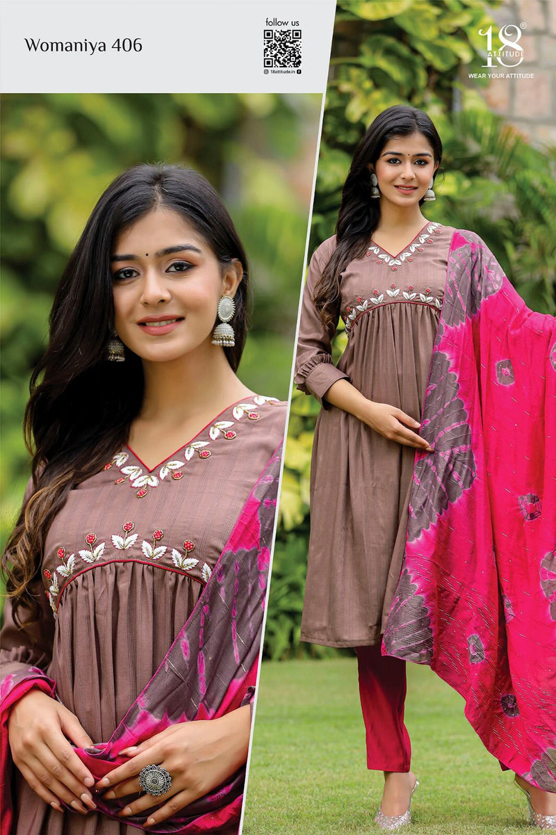 18 Attitude Womaniya Vol 4 Chinon Fancy Designer Alia Cut Pattern Kurti Pant With Duppata Set