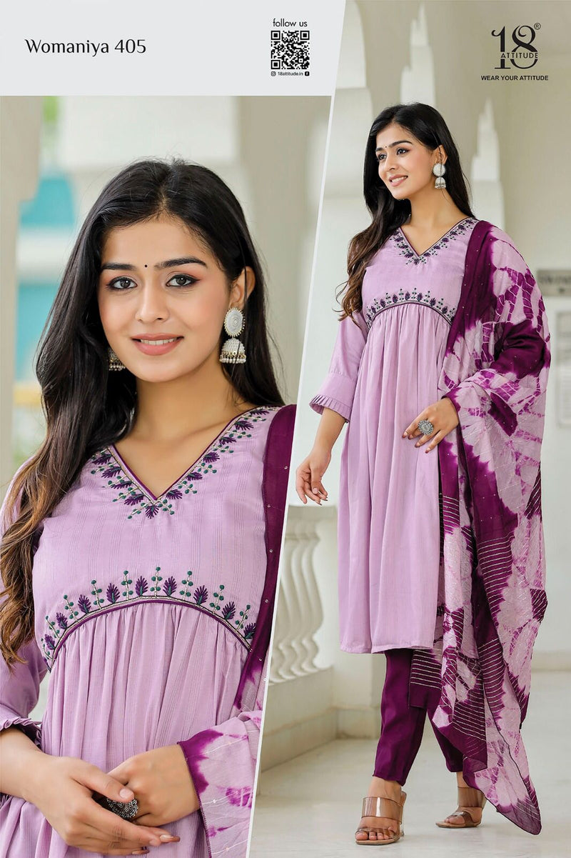 18 Attitude Womaniya Vol 4 Chinon Fancy Designer Alia Cut Pattern Kurti Pant With Duppata Set