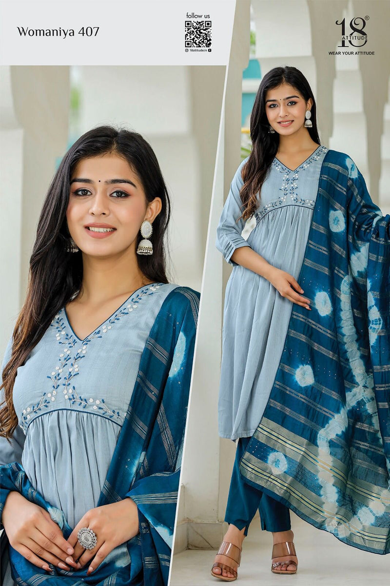 18 Attitude Womaniya Vol 4 Chinon Fancy Designer Alia Cut Pattern Kurti Pant With Duppata Set
