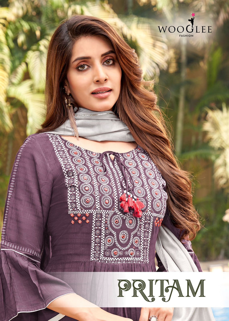Wooglee Pritam Rayon Weaving Fancy Designer Kurti With Bottom & Dupatta Set