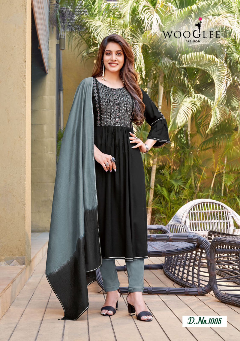 Wooglee Pritam Rayon Weaving Fancy Designer Kurti With Bottom & Dupatta Set