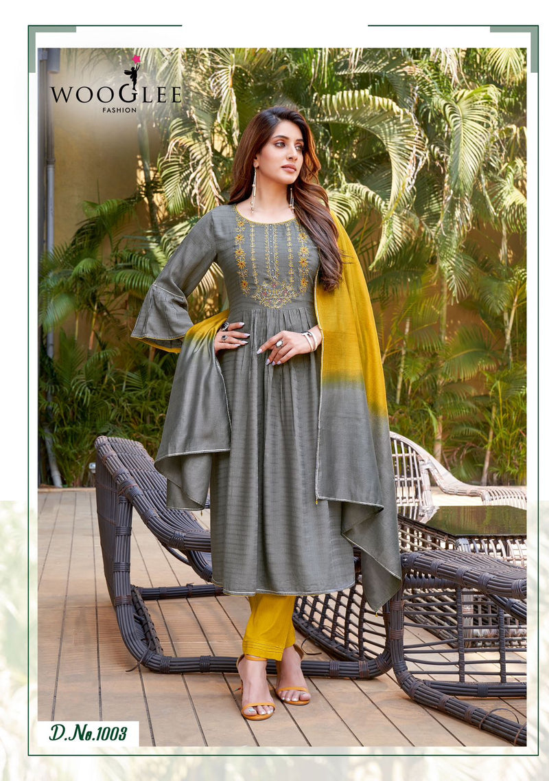 Wooglee Pritam Rayon Weaving Fancy Designer Kurti With Bottom & Dupatta Set