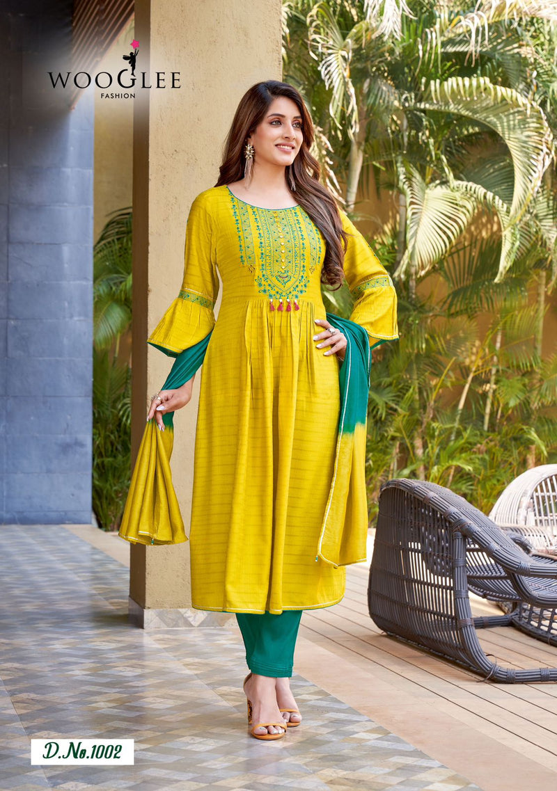 Wooglee Pritam Rayon Weaving Fancy Designer Kurti With Bottom & Dupatta Set