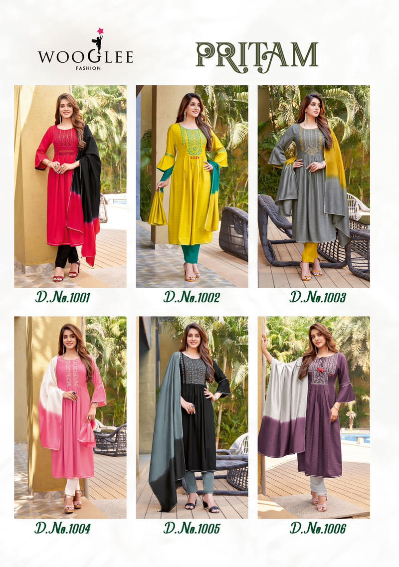 Wooglee Pritam Rayon Weaving Fancy Designer Kurti With Bottom & Dupatta Set