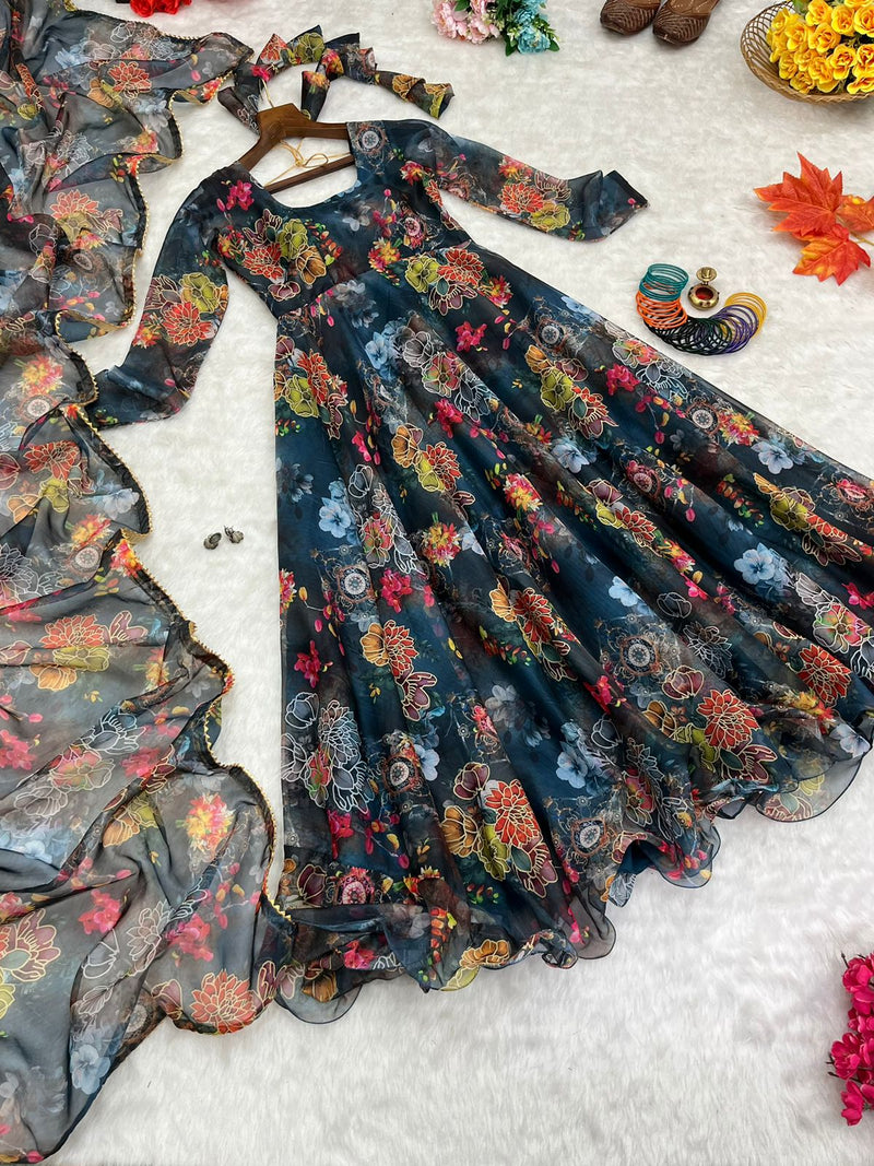 Mbl D No 313 Organza Silk Digital Printed Gown With Dupatta Collection