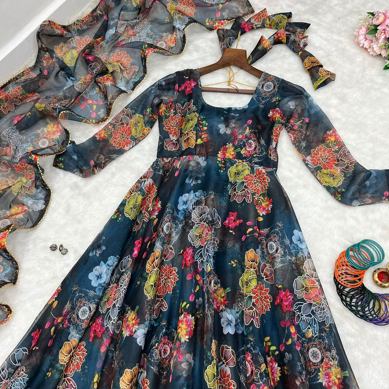 Mbl D No 313 Organza Silk Digital Printed Gown With Dupatta Collection