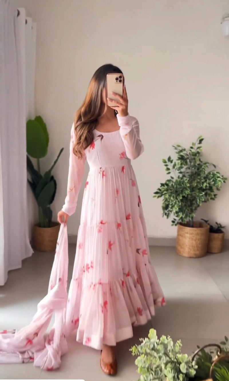 Vf Pink Gown Fox Georgette With Digital Printed Gown With Dupatta Collection