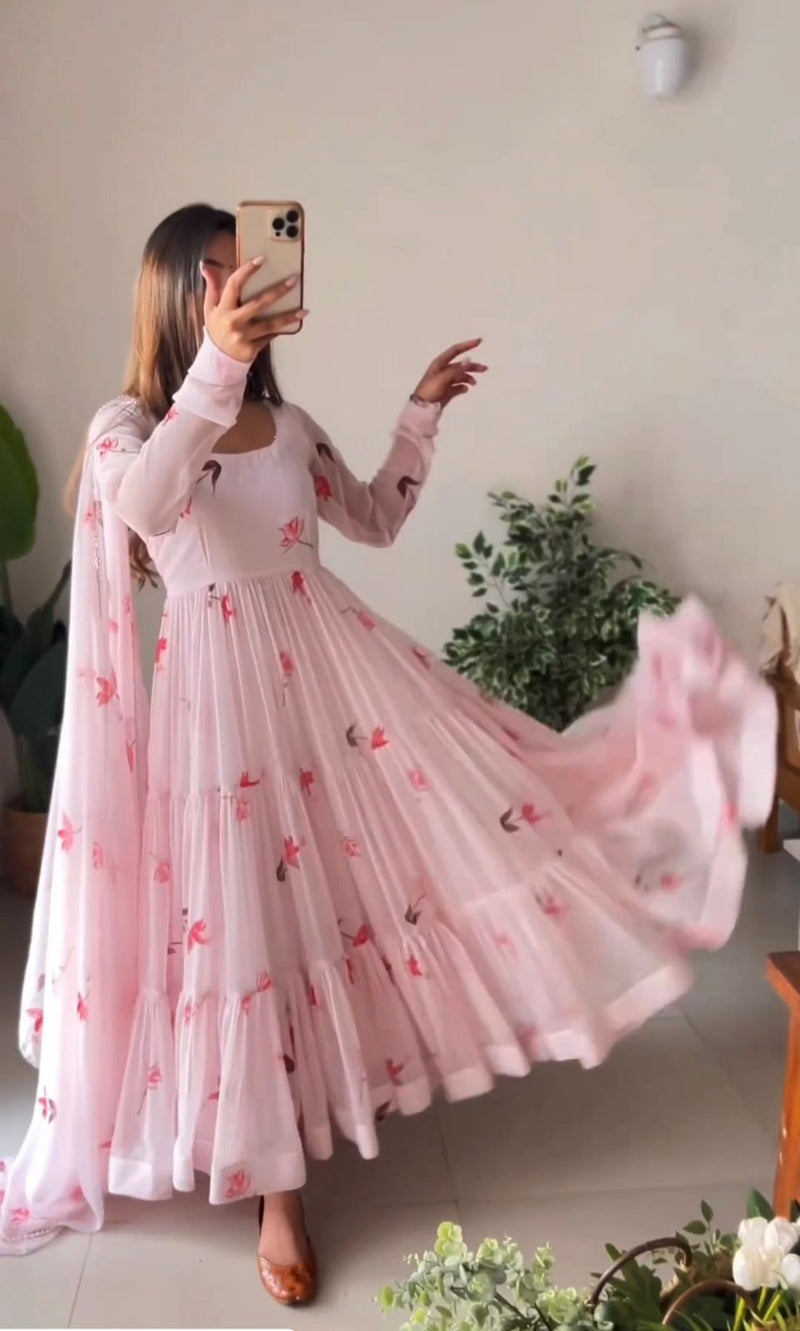 Vf Pink Gown Fox Georgette With Digital Printed Gown With Dupatta Collection