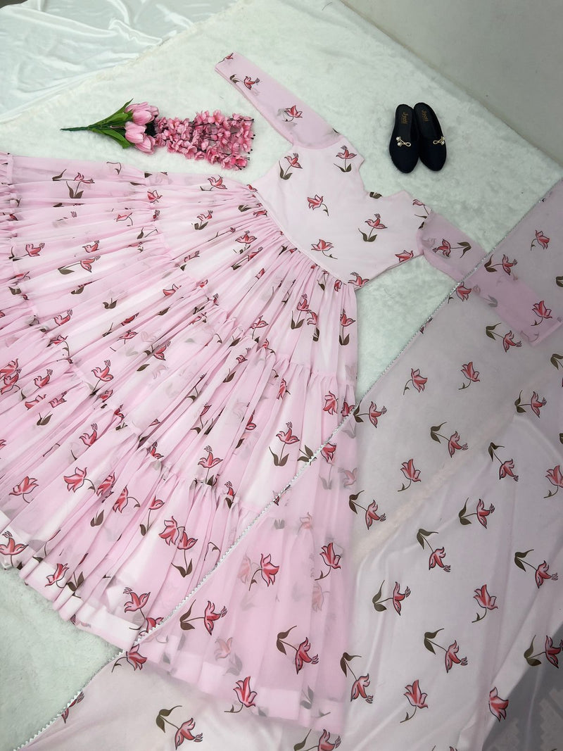 Vf Pink Gown Fox Georgette With Digital Printed Gown With Dupatta Collection