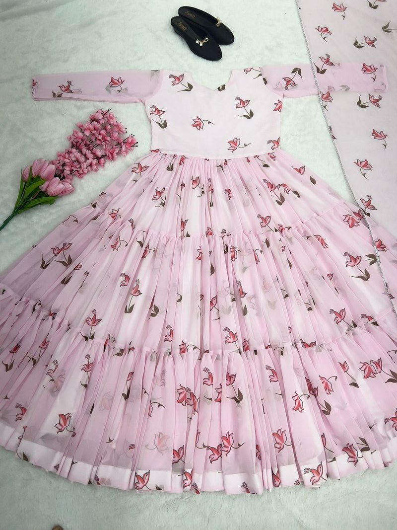 Vf Pink Gown Fox Georgette With Digital Printed Gown With Dupatta Collection