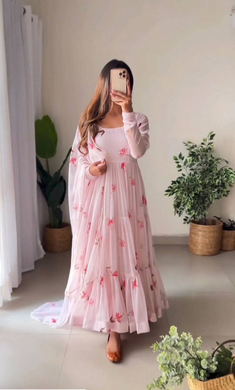 Vf Pink Gown Fox Georgette With Digital Printed Gown With Dupatta Collection