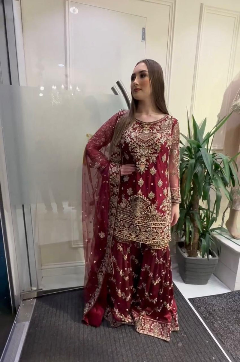 Nf D No 1152 Fox Georgette Fabric With Heavy Embroidery Readymade Suits