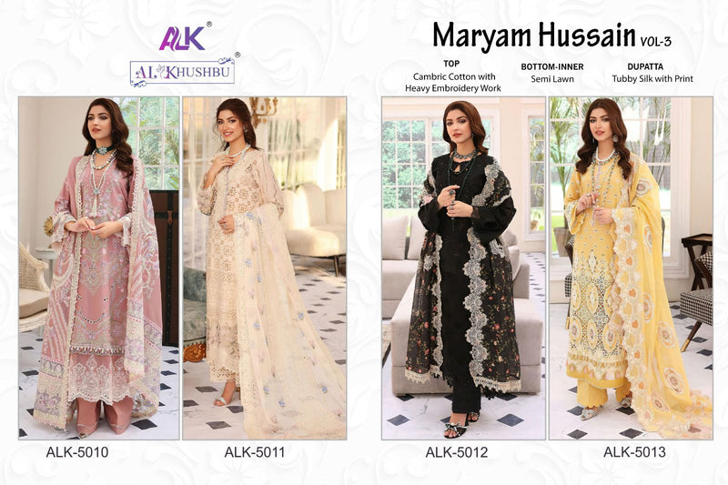 Al Khushbu Maryam Hussain vol 3 Pure Cambric Cotton Heavy Embroidery Salwar Suits