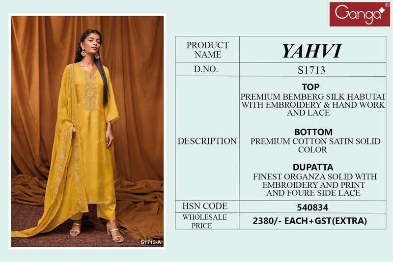 Ganga Yahvi 1713 Bemberg Silk Embroidery Salwar Suits