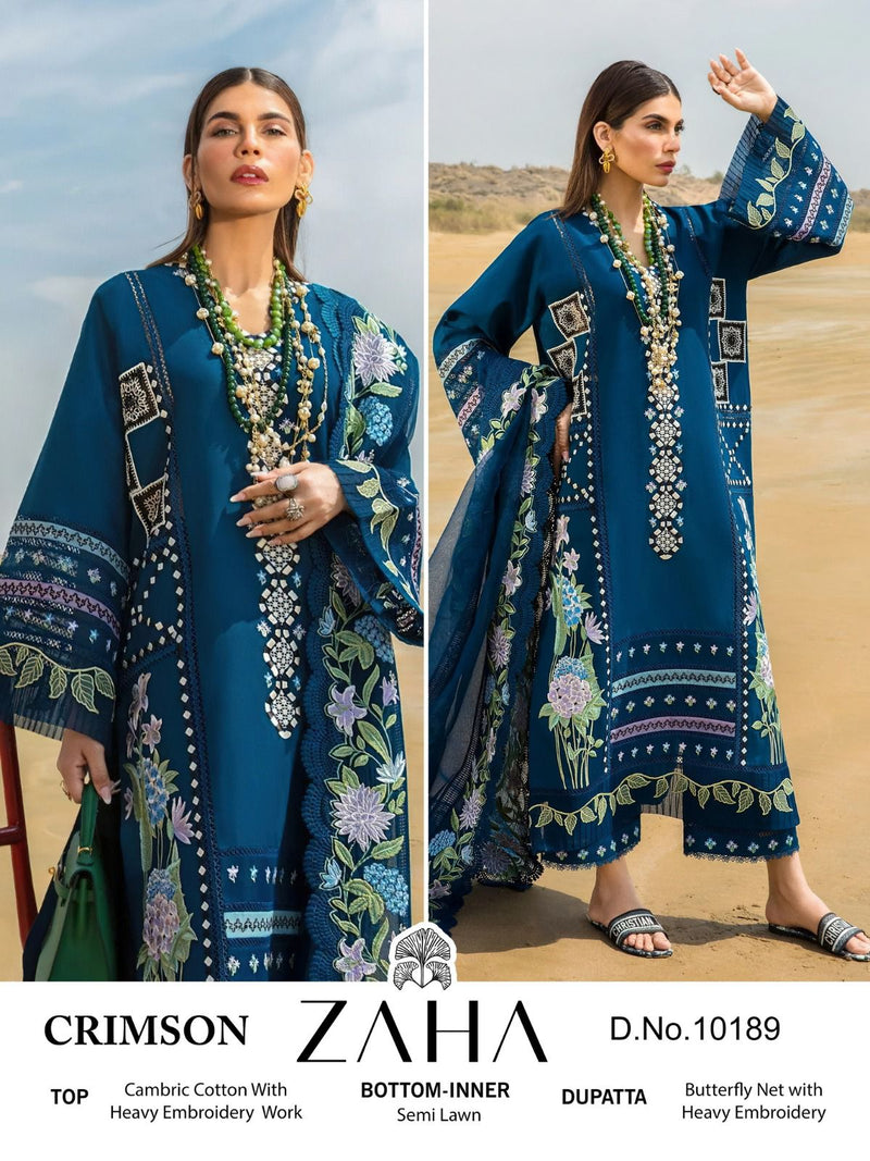 Zaha Crimson Cambric Cotton With Heavy Embroidery Designer Pakistani Suit