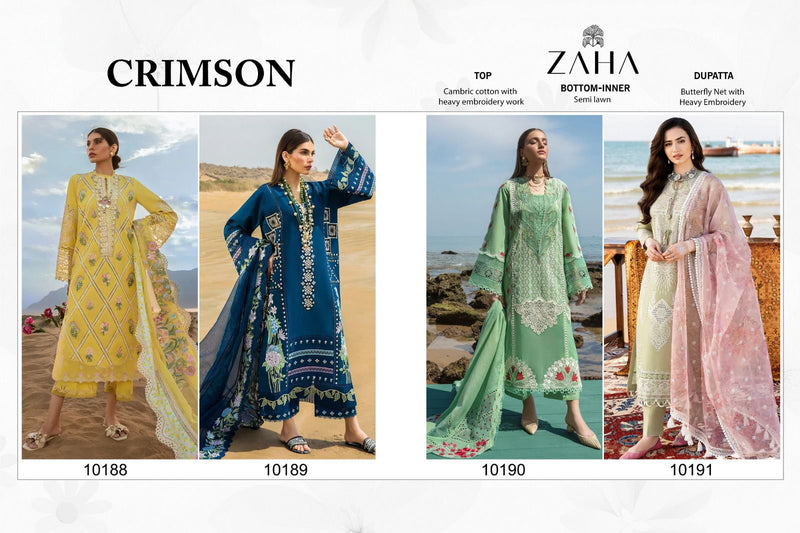 Zaha Crimson Cambric Cotton With Heavy Embroidery Designer Pakistani Suit