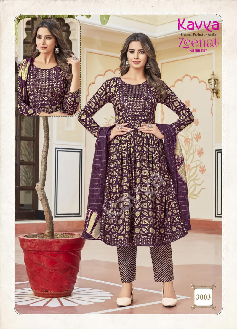Kavya Zeenat Vol 3 Fancy Foil Printed Naira Style Readymade Kurti Combo Set