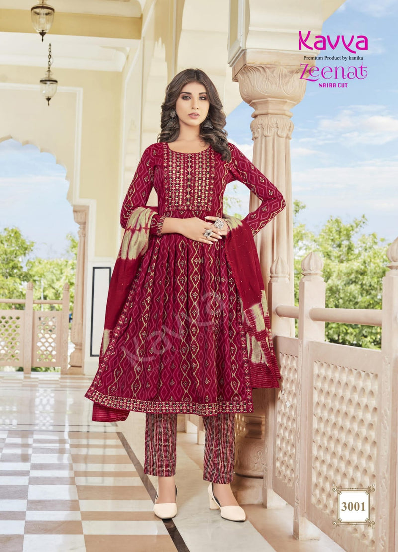 Kavya Zeenat Vol 3 Fancy Foil Printed Naira Style Readymade Kurti Combo Set