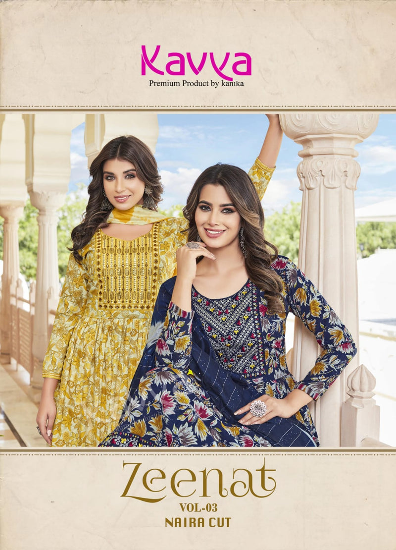 Kavya Zeenat Vol 3 Fancy Foil Printed Naira Style Readymade Kurti Combo Set