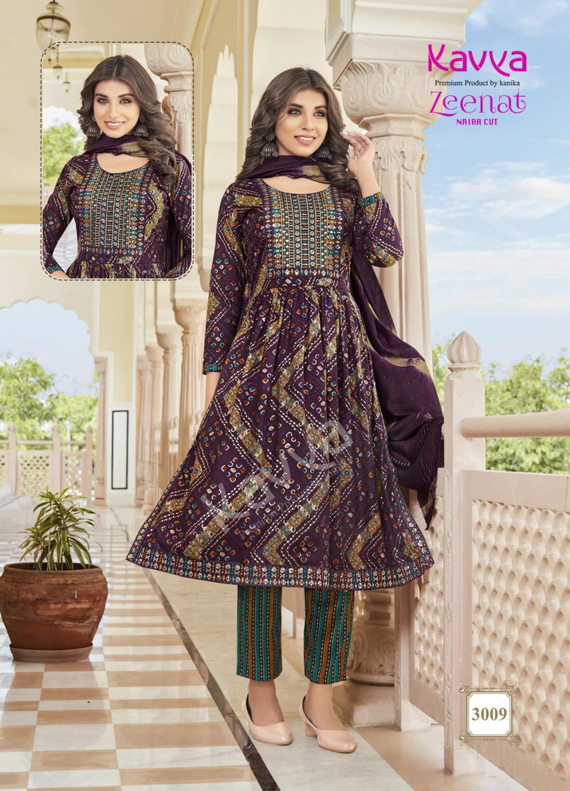 Kavya Zeenat Vol 3 Fancy Foil Printed Naira Style Readymade Kurti Combo Set